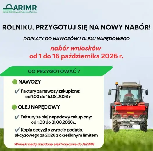 ARiMR przypomina rolnikom o dopłatach do nawozów i zwrocie akcyzy za paliwo