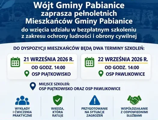 Gmina Pabianice zaprasza na bezpłatne szkolenia z ochrony ludności i obrony cywilnej